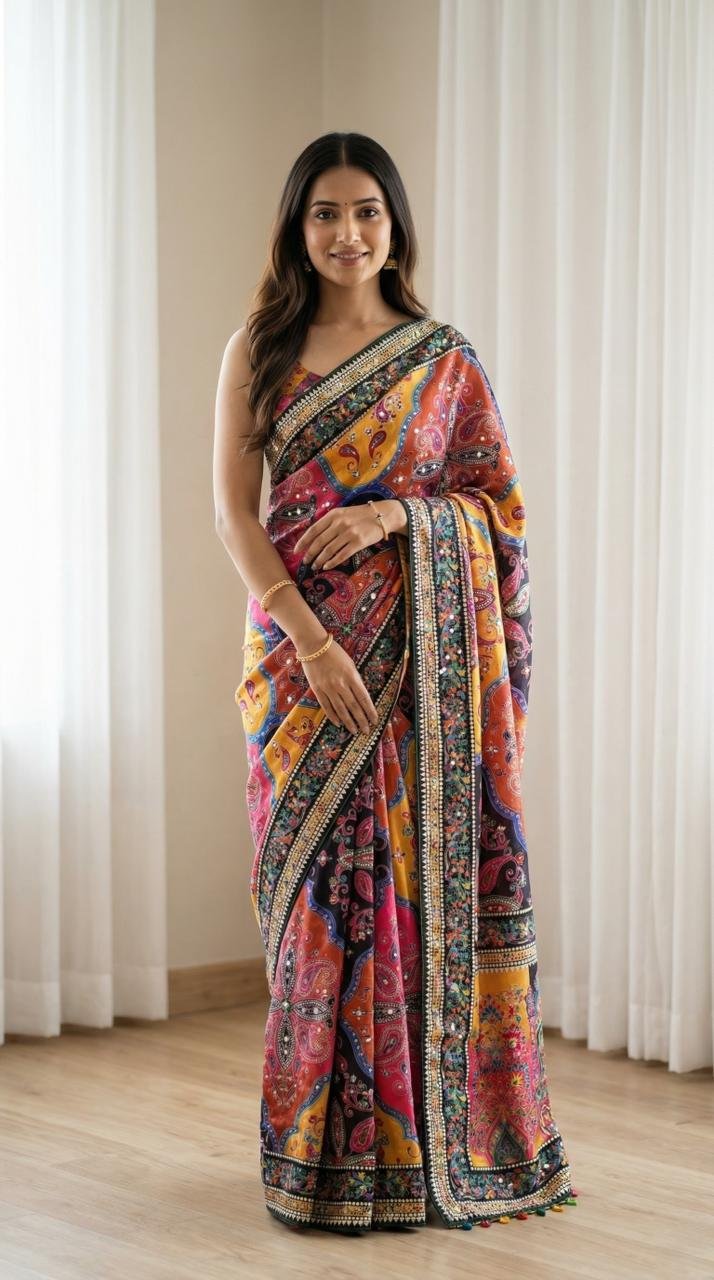 1 Roman Silk With Digital Print And All Saree Real Mirror Work image 2