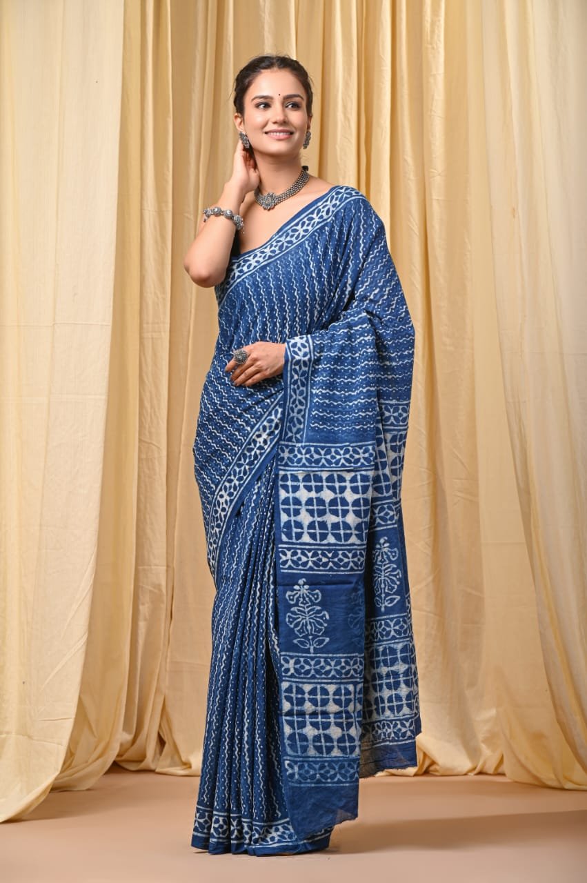 Hand Block Printed Cotton Mul Sarees Indigo Blue image 16