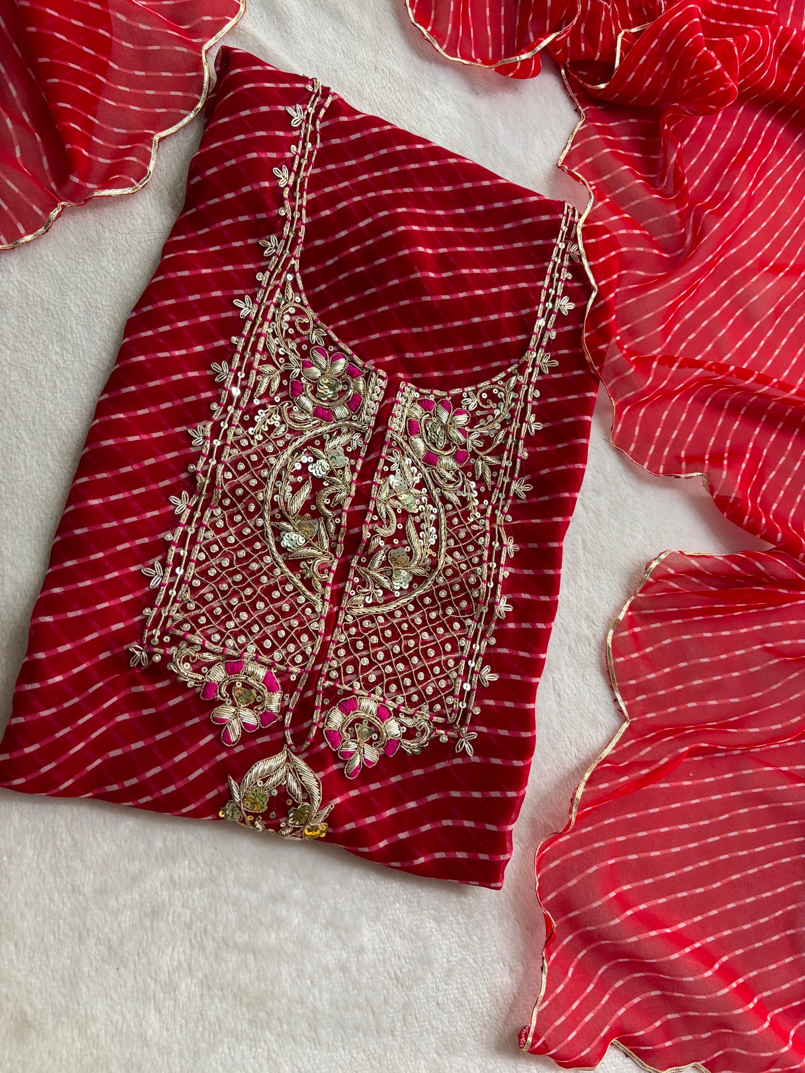 RED COLLECTION GEORGETTE HANDOWORK DRESS MATERIALS image 6