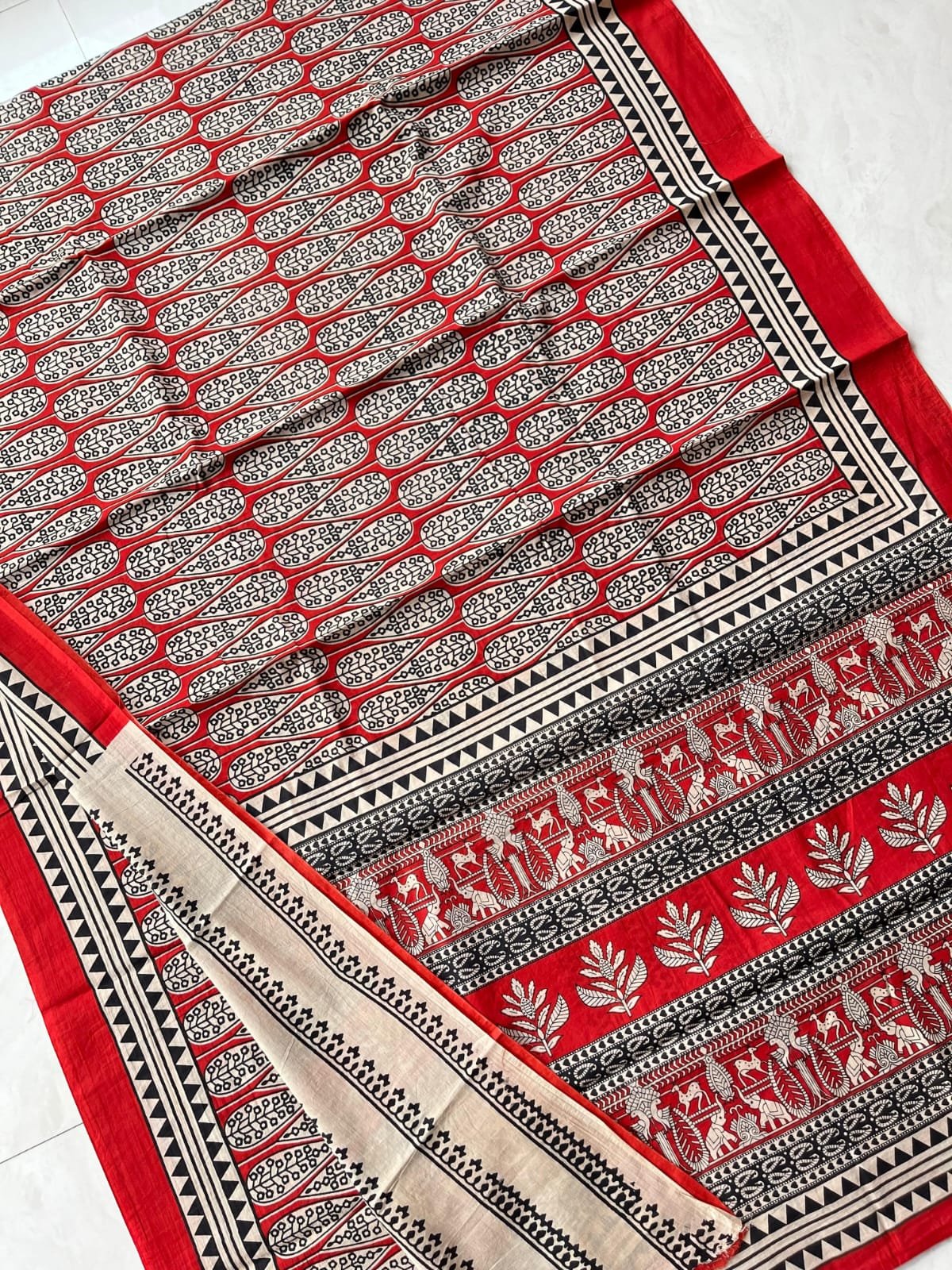 Hand Block Printed Cotton Mul Sarees Red image 15