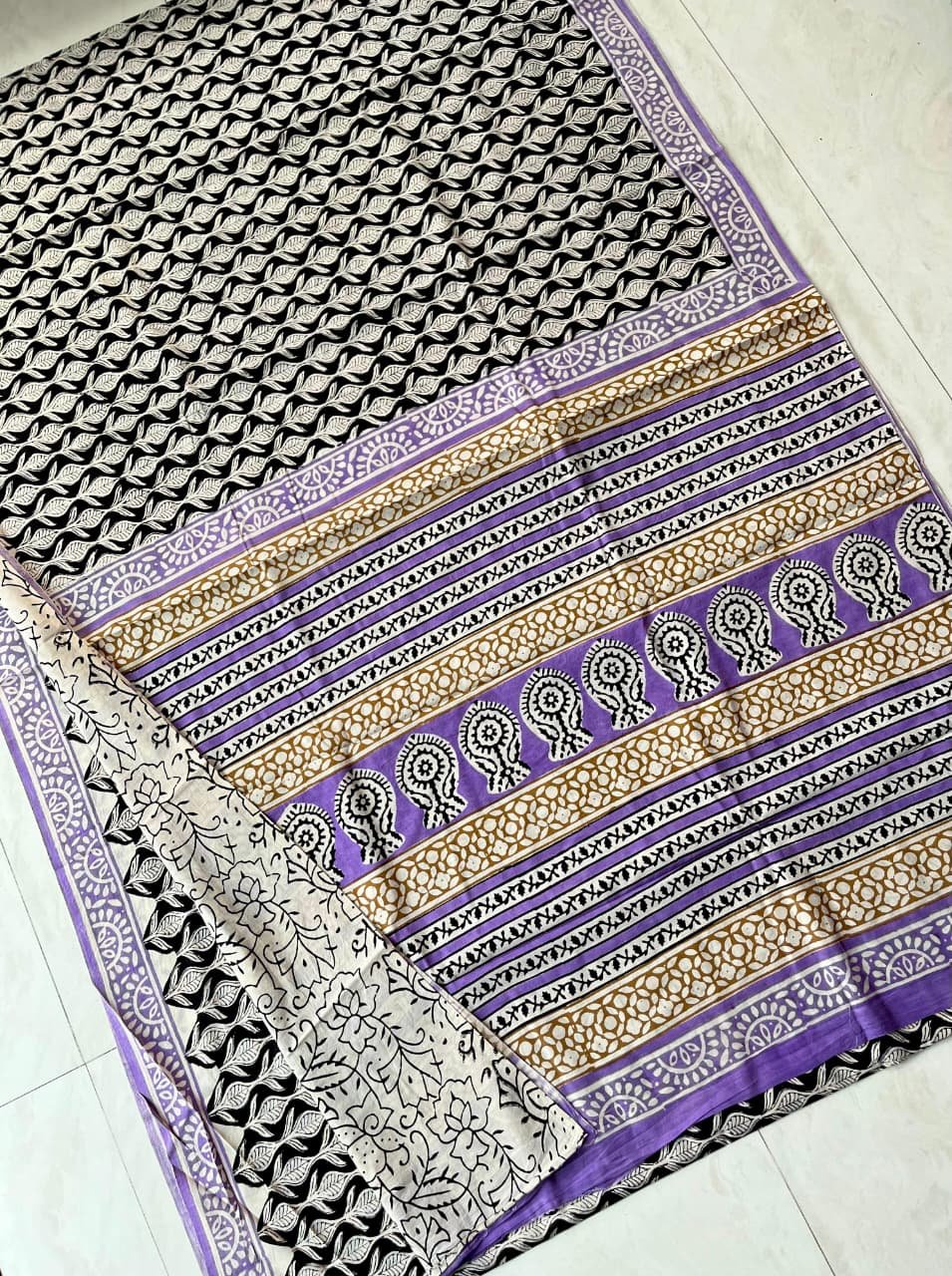 Hand Block Printed Cotton Mul Sarees Black and White image 17