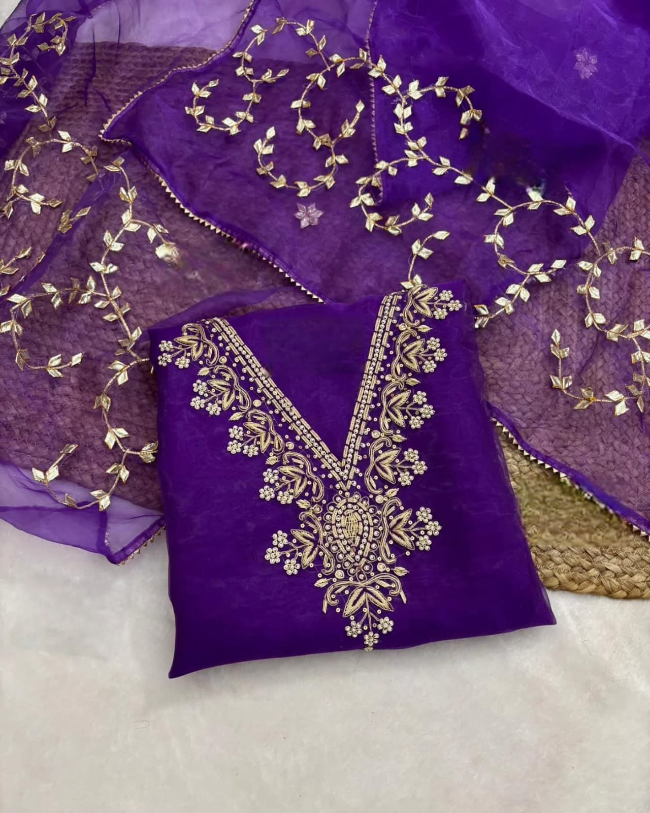 V-Neck Organza with Zardogi Handwork Dress Material image 6