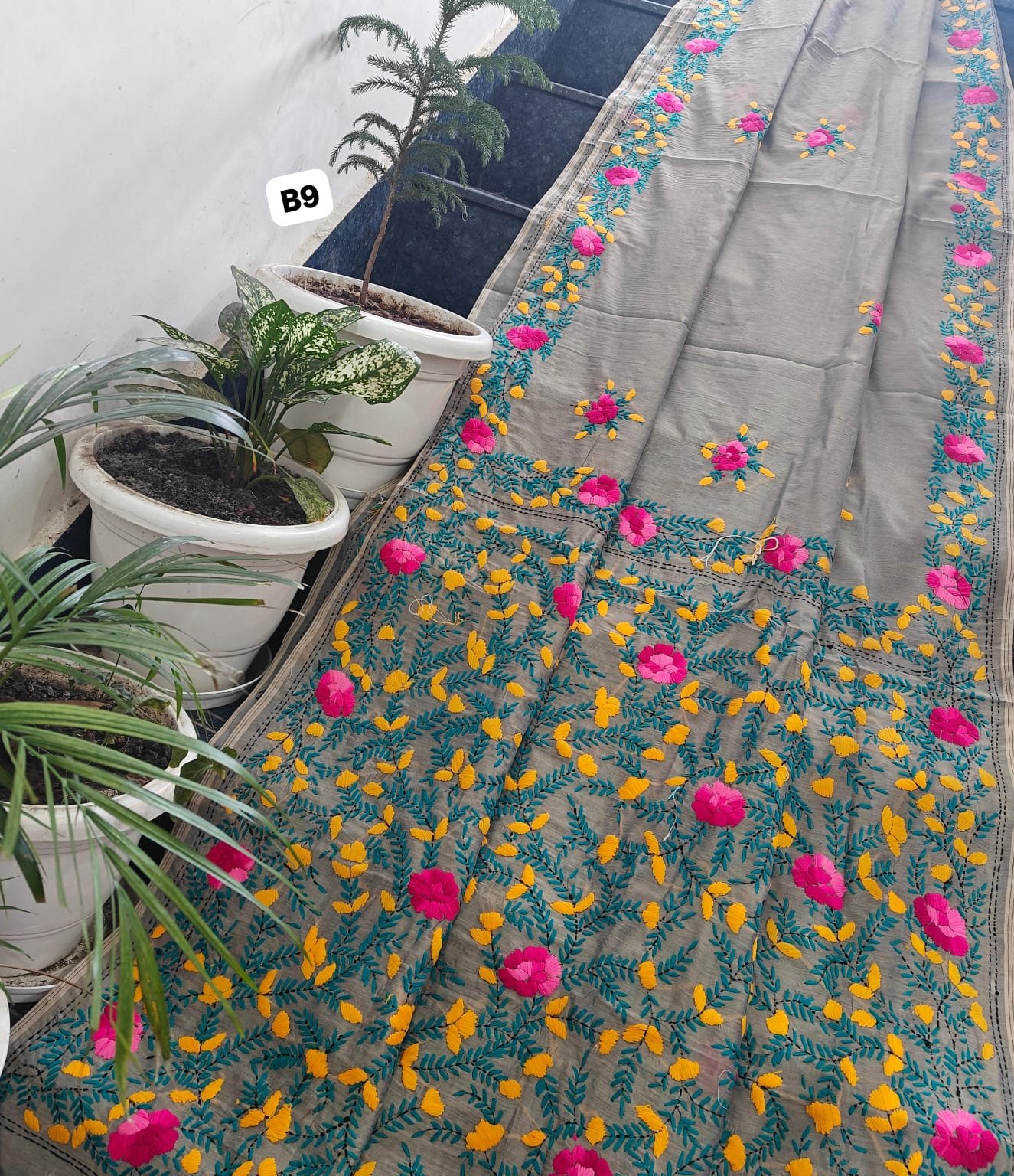 4 Linen Chanderi Saree Fulkari work