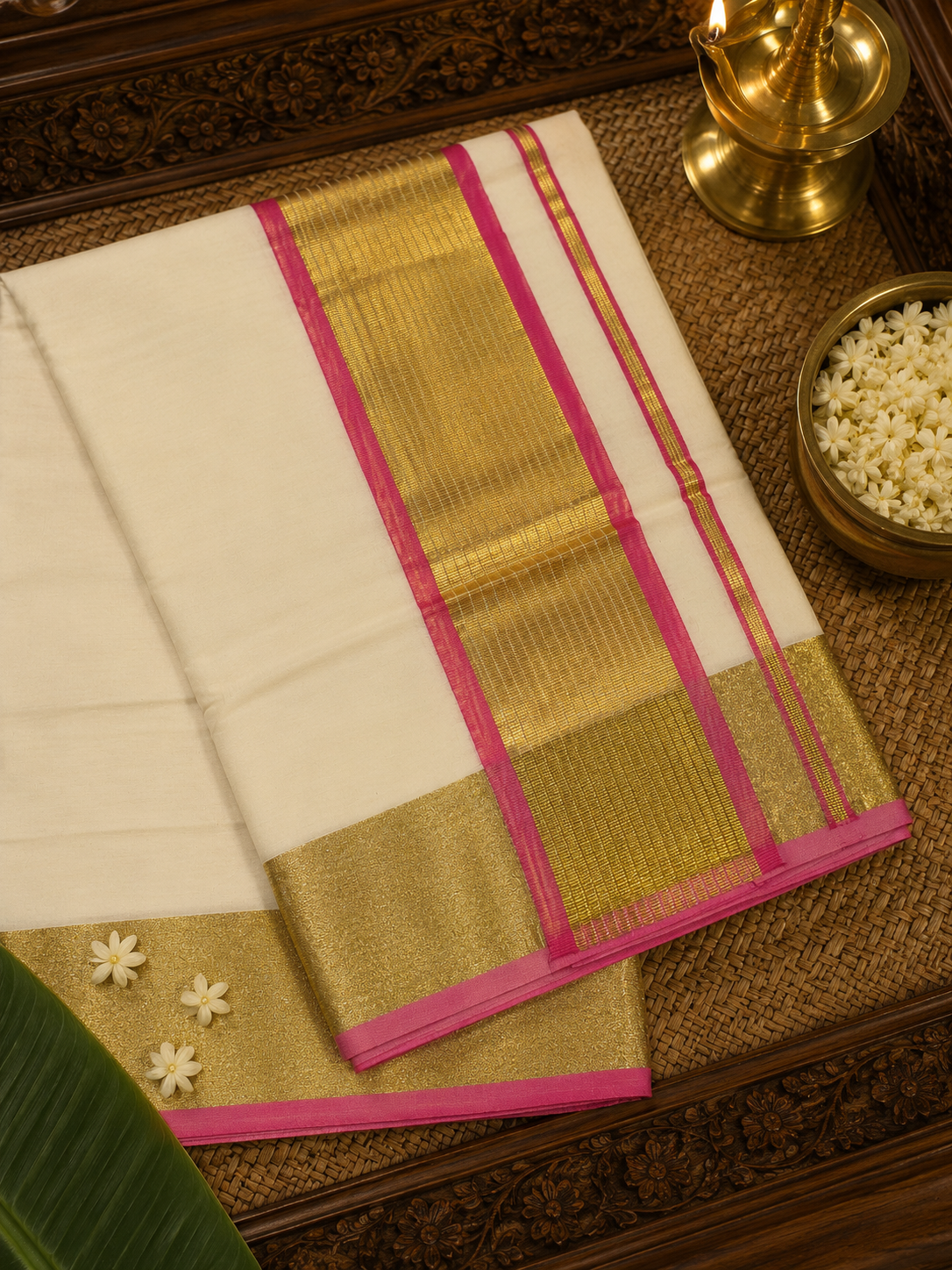 Kerala Kasavu Saree Pink image 2