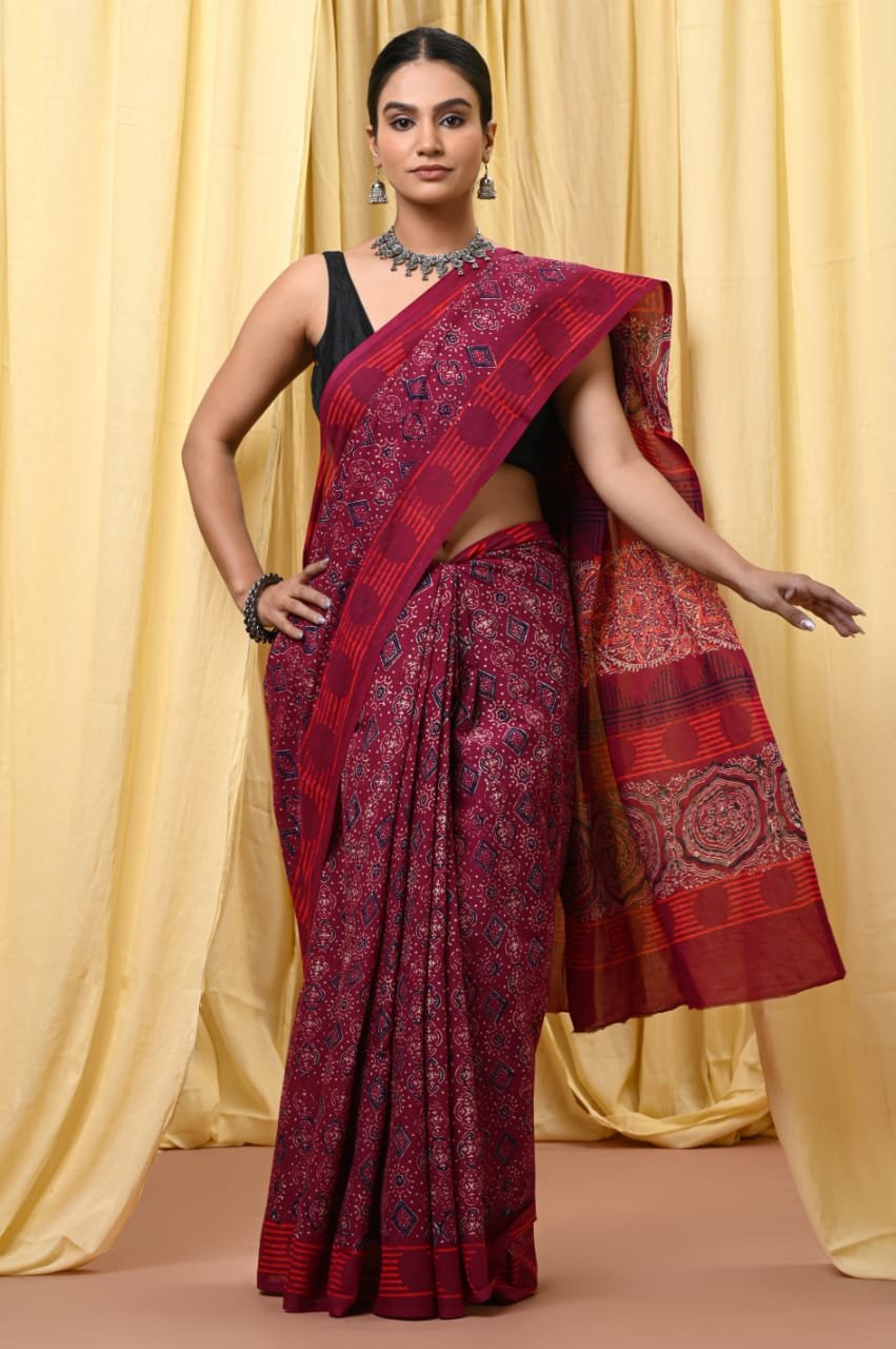 Hand Block Printed Cotton Mul Sarees Red image 9